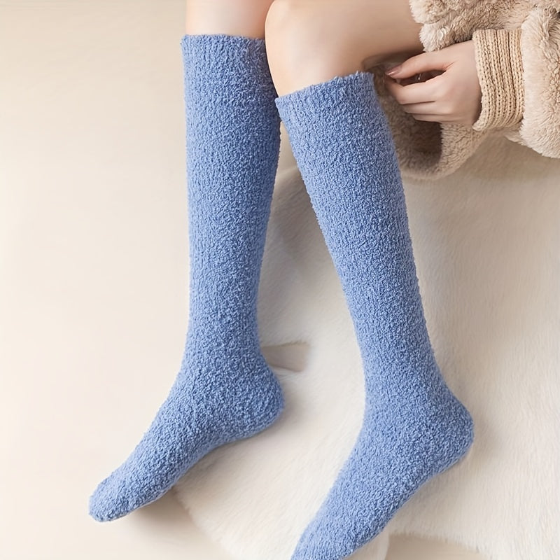 5 Pairs Solid Fuzzy Calf Socks Comfy & Warm Knee High Socks