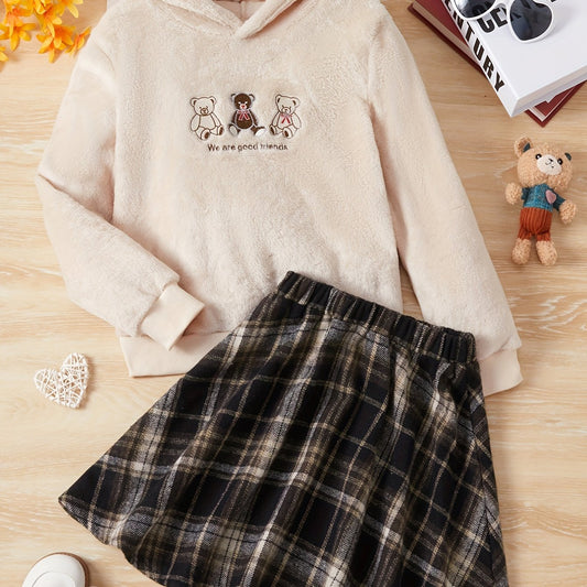 Girl's Preppy Style Outfit 2pcs Fleece Thermal Hoodie & Plaid Skirt Set