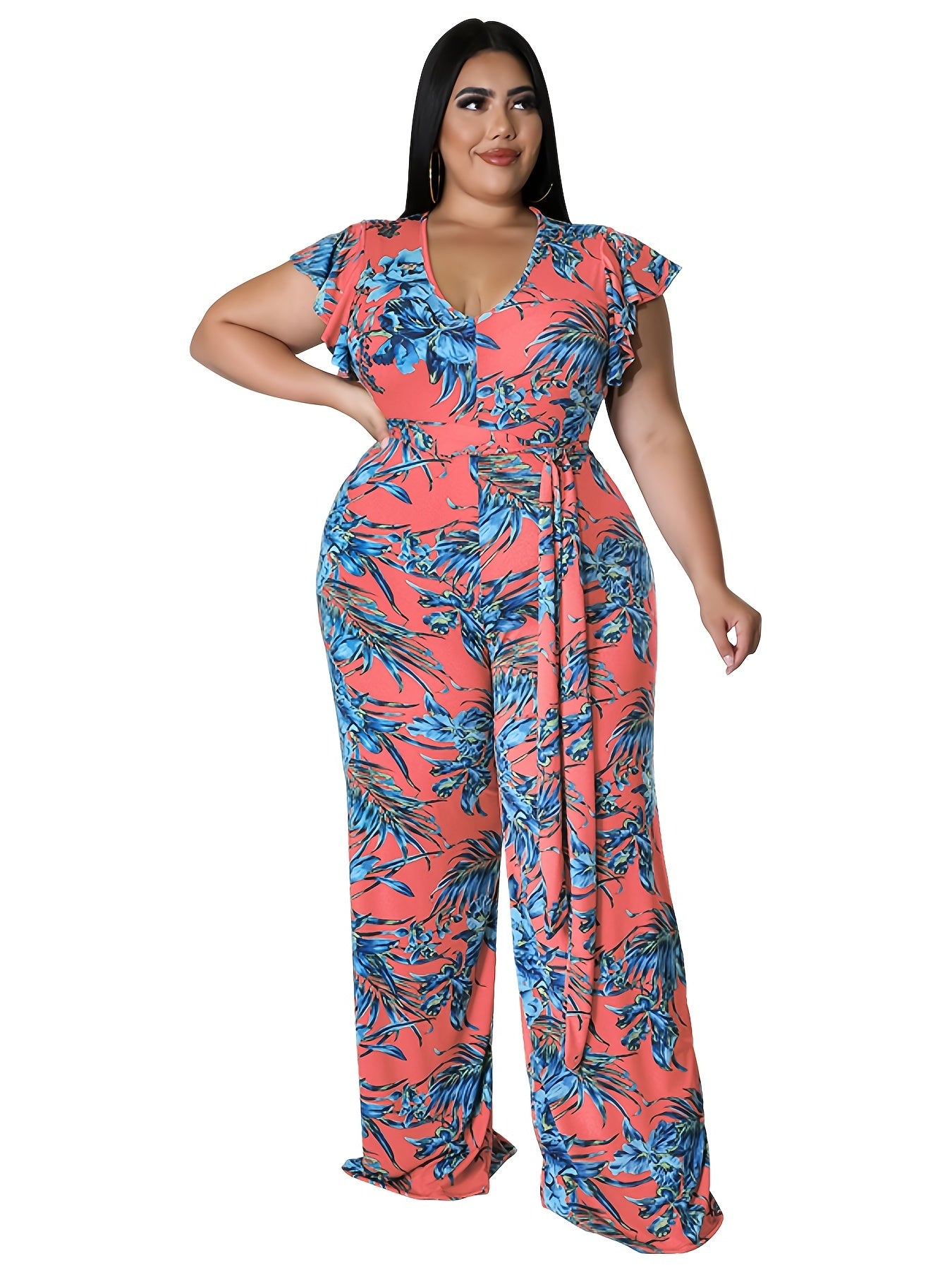 Floral Print Cap Sleeve Jumpsuit Women's Plus Size
