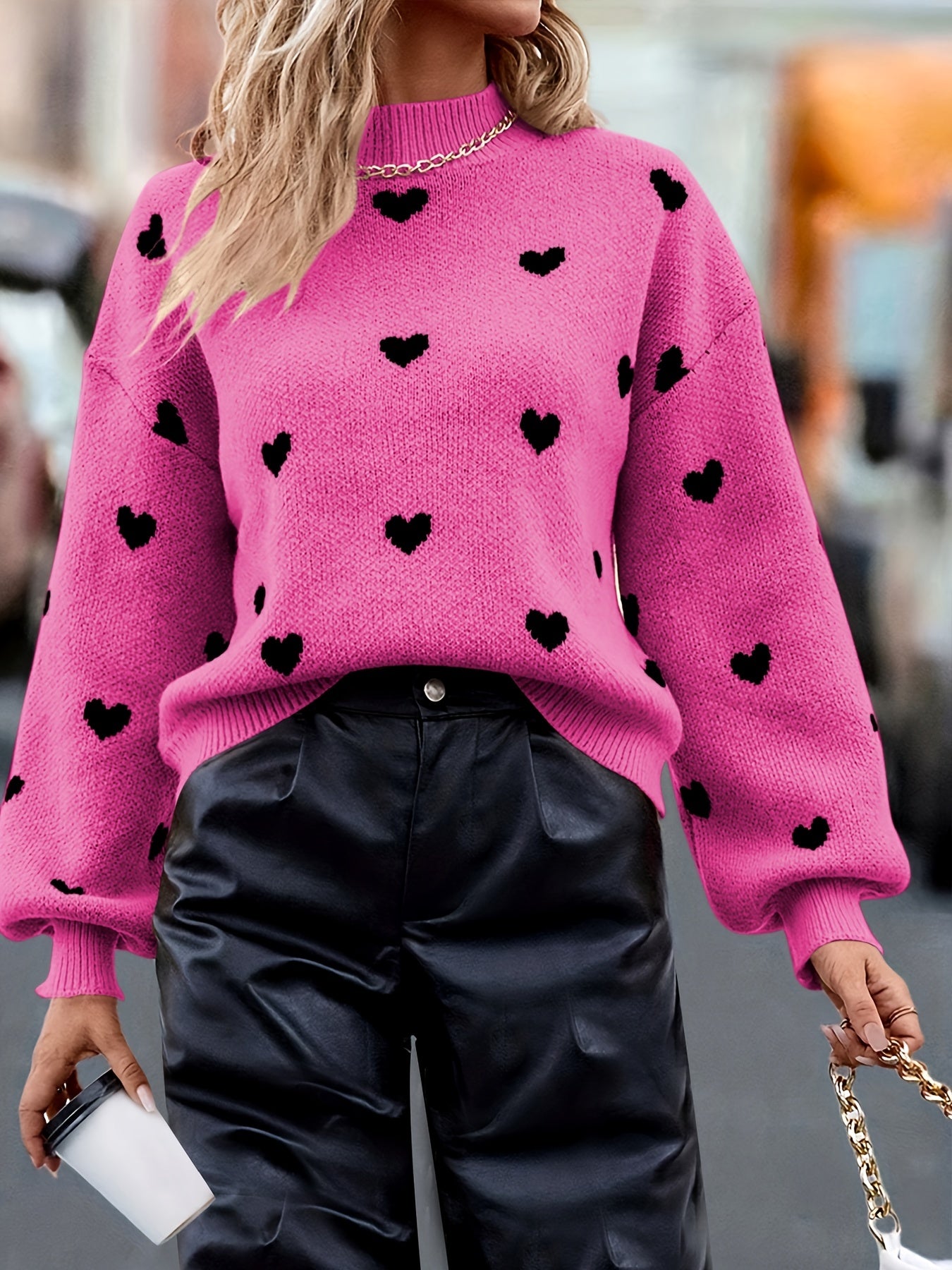 Heart Pattern Mock Neck Pullover Sweater for Fall & Winter