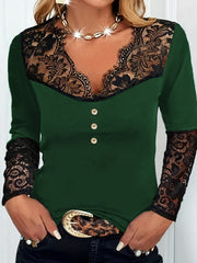  Solid Lace Long Sleeve V Neck Knit Top