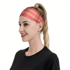 Vintage Plaid Headband Red & Beige Checkered Elastic Fit Sport & Casual