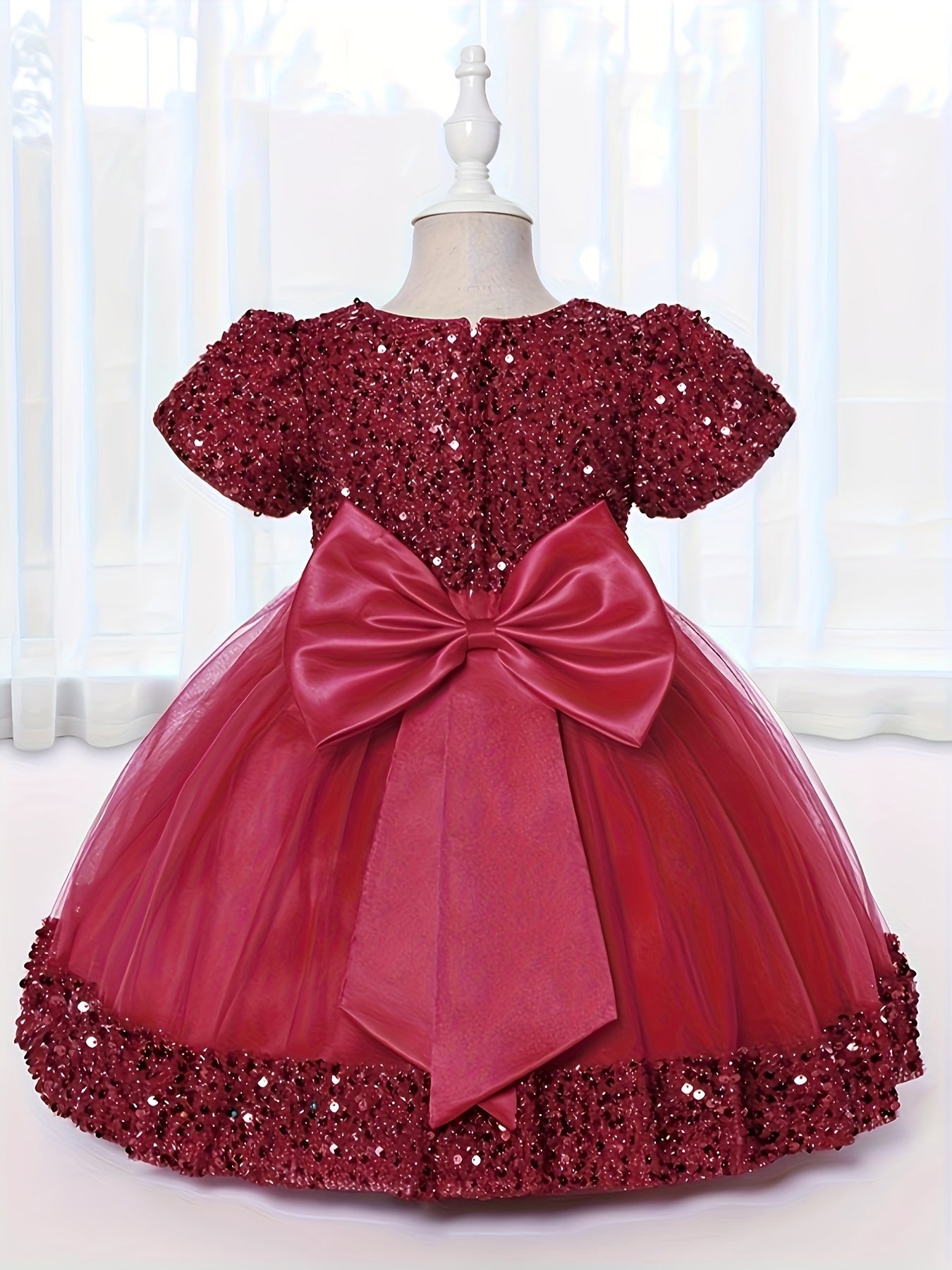 Baby Girls Flower Bowknot Decor Puff Sleeve Mesh Sequin Princess Dress
