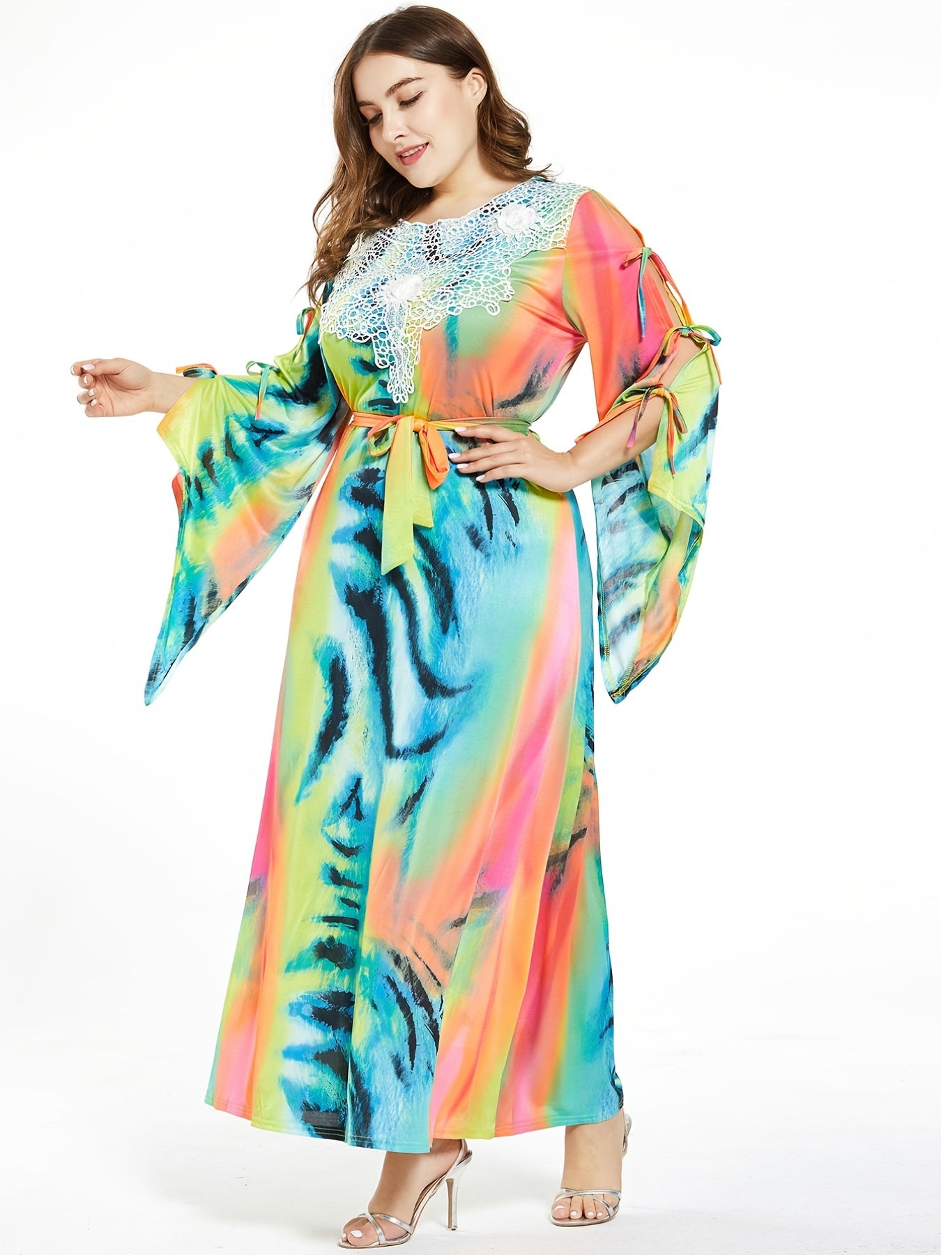  Tie Dye Lace Knot Maxi Dress Women's Plus Medium Stretch Boho Long Dre