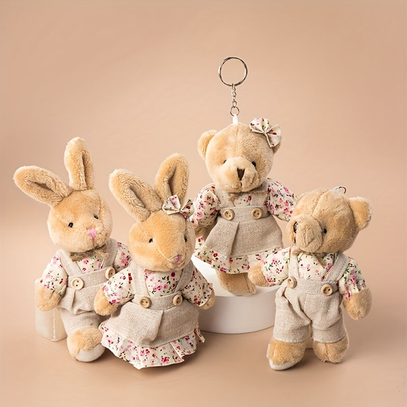 2pcs Burlap Couple Bear Plush Doll Keychain Couple Rabbit Plush Pendant