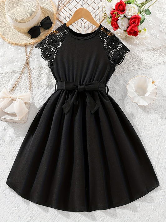 Girls' Lace Shoulder Short Sleeve Tunic Dress - Party Holiday Outing