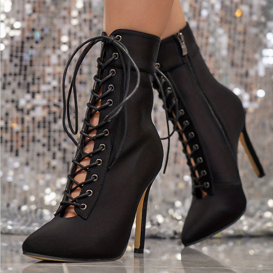 Women's Lace-Up Stiletto Ankle Boots Side Zip High Heels
