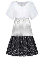 Striped Polka Dot Stitching Dress V Neck Short Sleeve Flared Dress