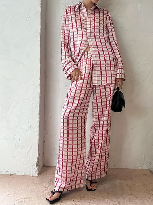 Women's Plus Plaid Button Up Shirt & Wide Leg Pants Set