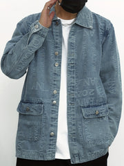 Letter Print Denim Jacket Men's Casual Lapel Button Up Coat