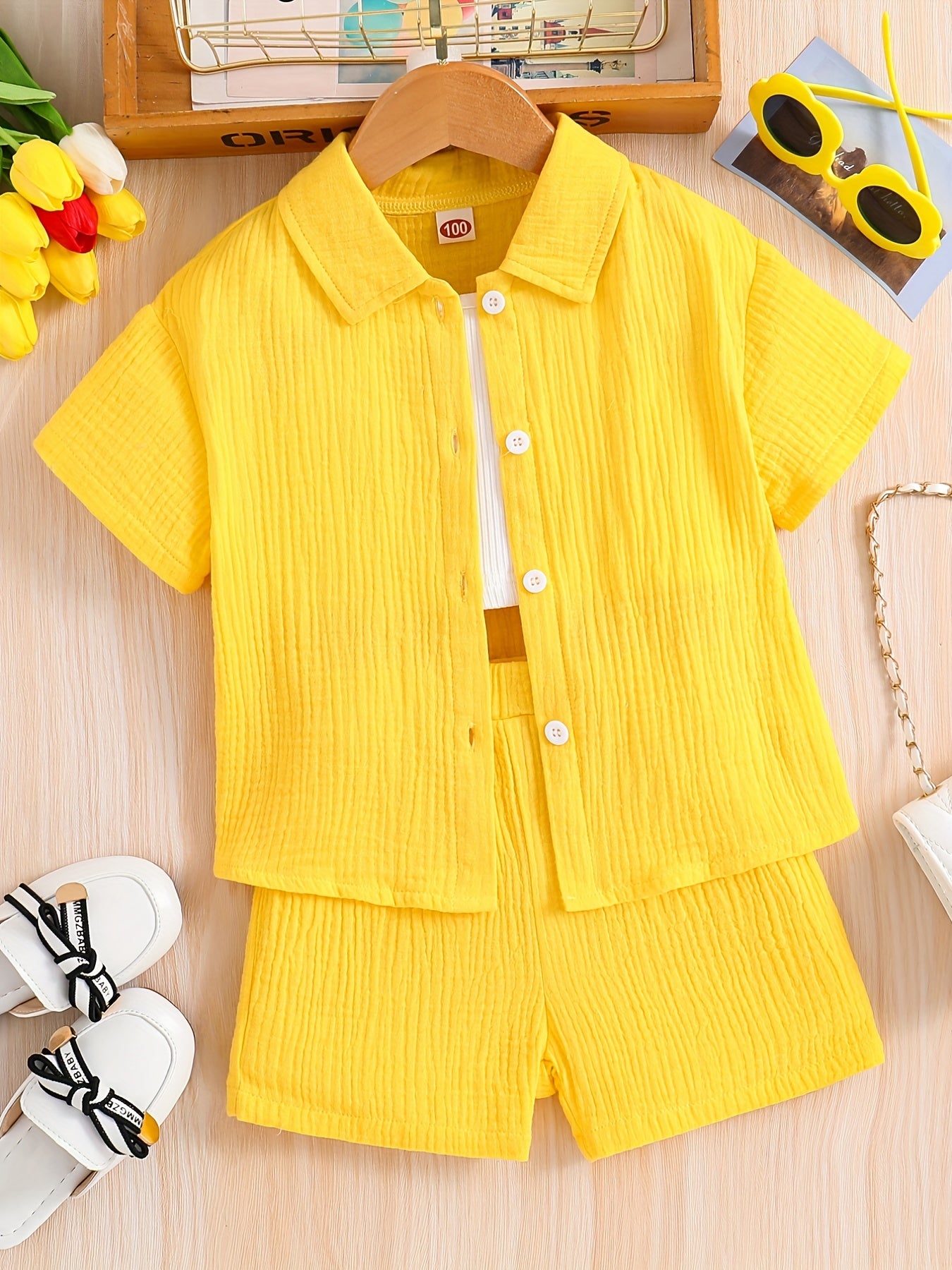 Kids Button Down Short Sleeve Jacket & Cropped Camisole & Shorts Girls Suit