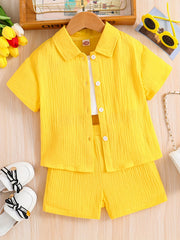 Kids Button Down Short Sleeve Jacket & Cropped Camisole & Shorts Girls Suit