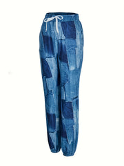  Colorblock Denim Print High Rise Jogger Trousers