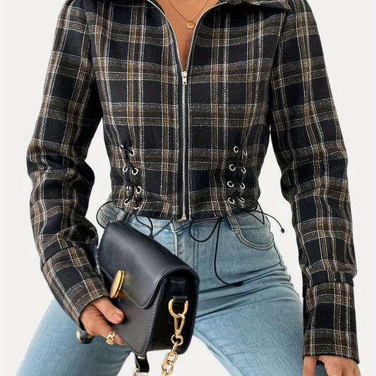 Plaid Drawstring Jacket Zip Up Casual Coat