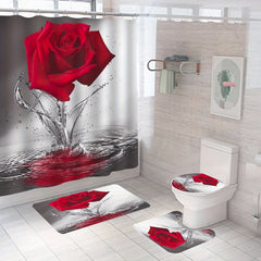 Romantic Floral Red Rose Shower Curtain Set with Non Slip Mat and Hooks