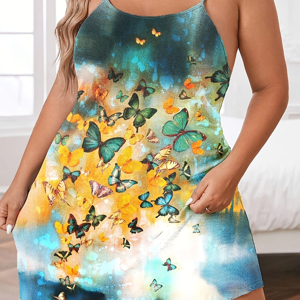  Tie Dye & Butterfly Print Crisscross Back Cami Nightdress
