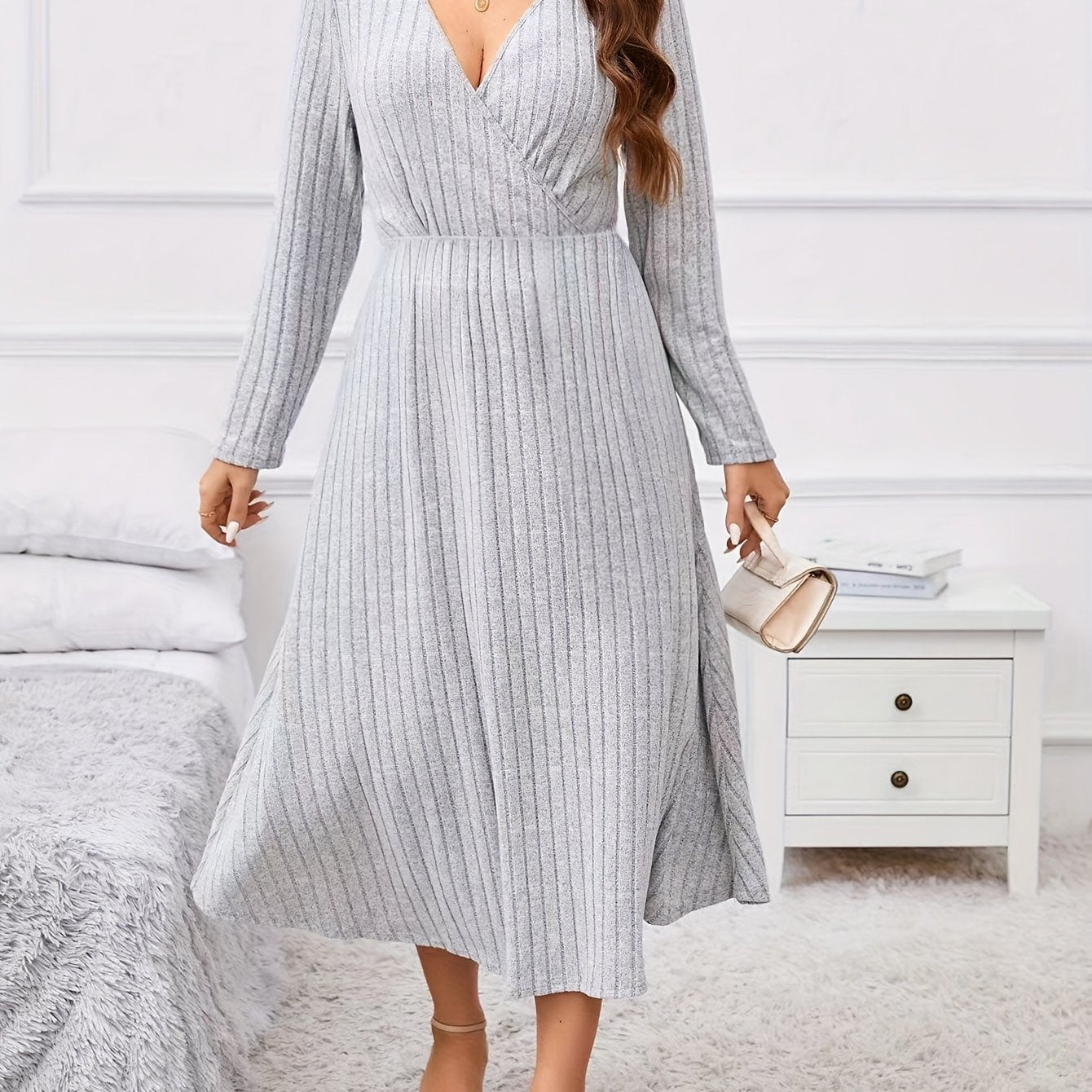  Ribbed Long Sleeve V Neck Maxi Dress
