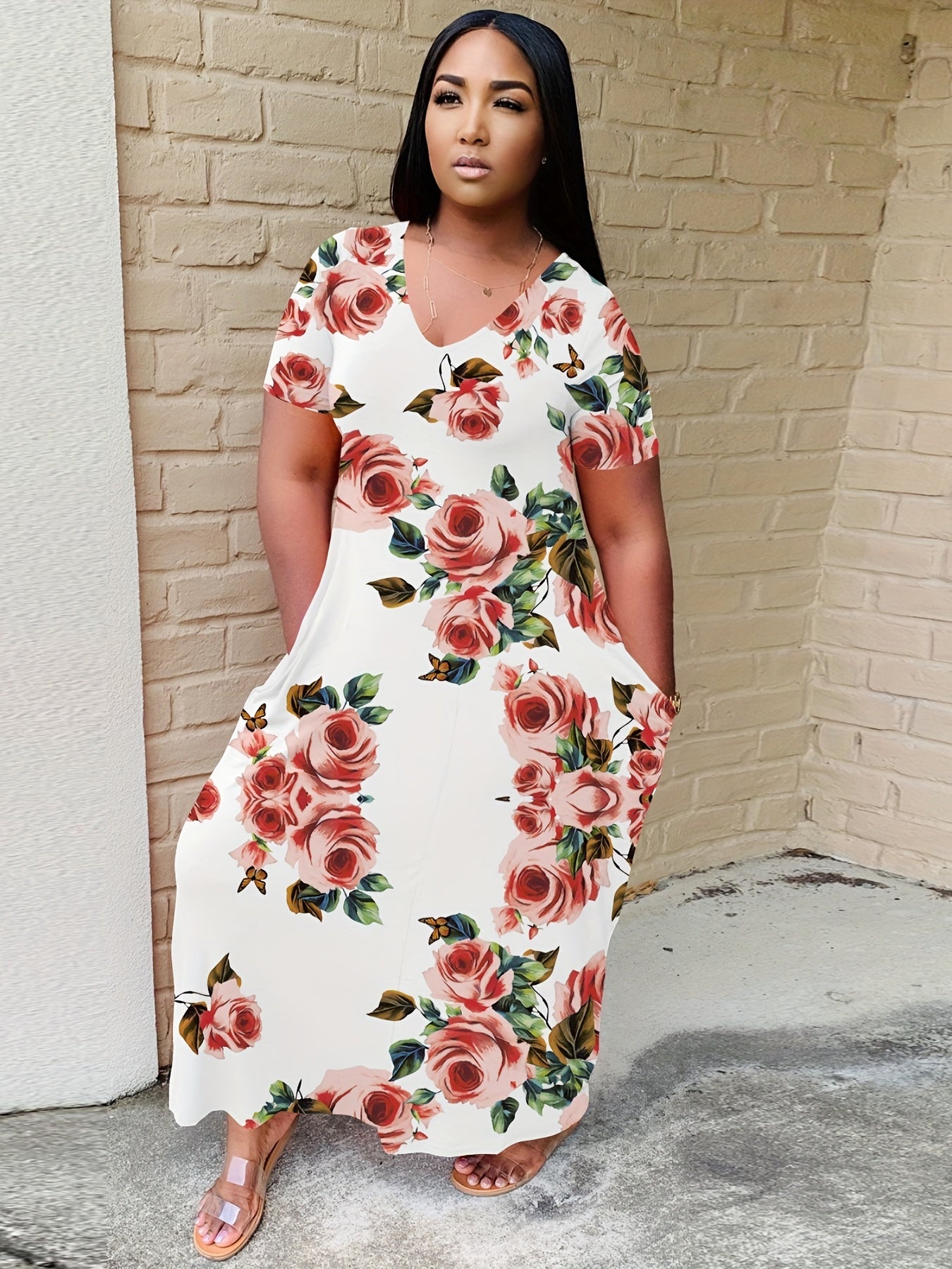 Floral Print Round Neck Short Sleeve Maxi Dress With Pockets