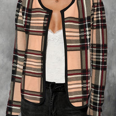 Plaid Print Crew Neck Jacket Casual Open Front Long Sleeve Outwear