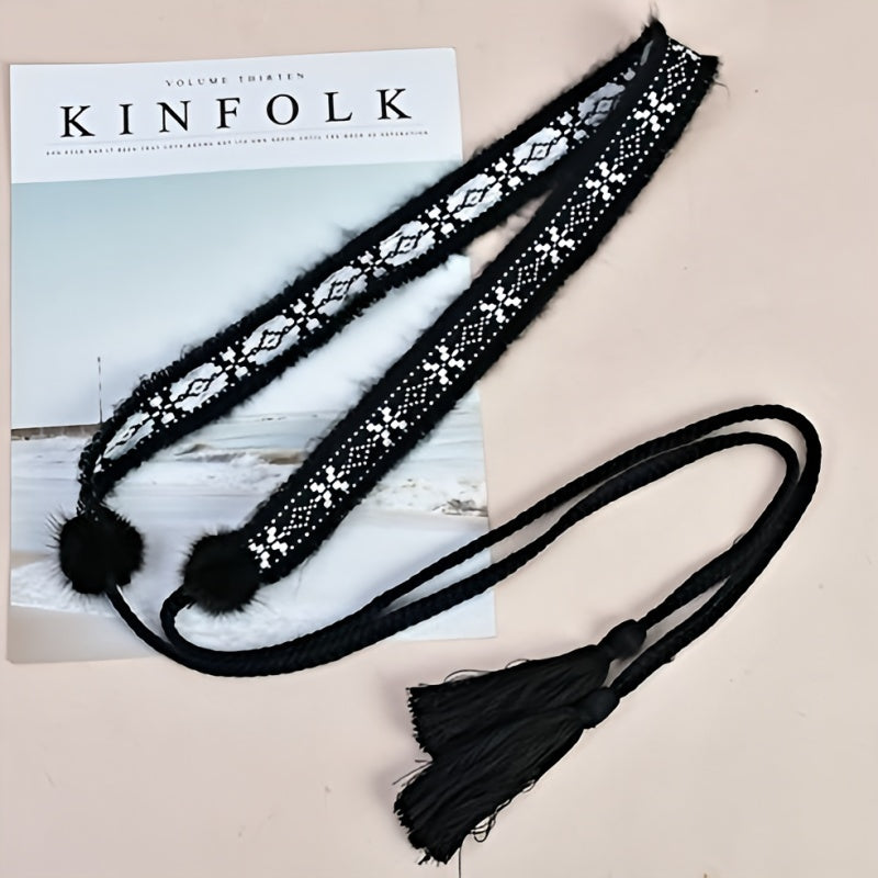 Faux Rabbit Fur Pom Belt Rope Autumn And Winter Woven Belt