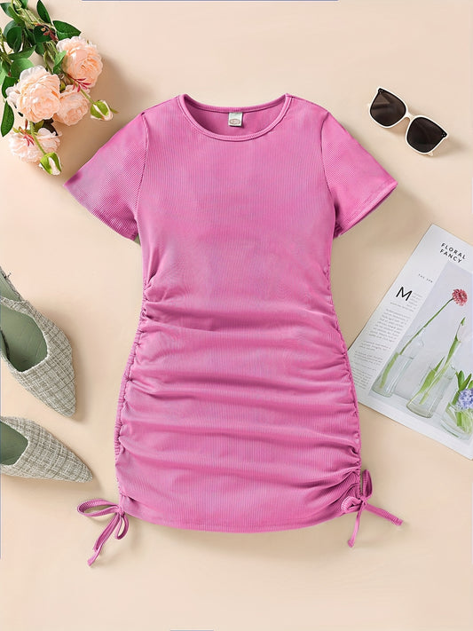 Girls' Drawstring Side Ruched Casual Dress Slim Fit Short Sleeve
