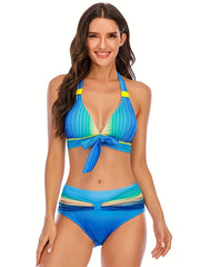 Halter Neck Bikini Set V Neck Tie Front High Cut High Waist Two Pieces Swimsuit