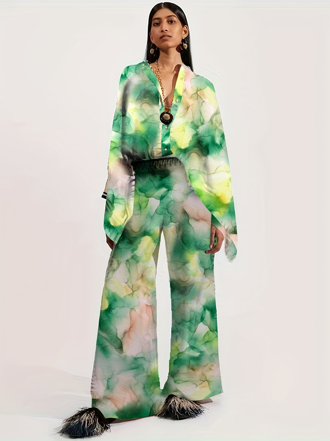 Ethnic Print Two Piece Set Blouse & Pants Outfit