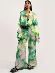 Ethnic Print Two Piece Set Blouse & Pants Outfit