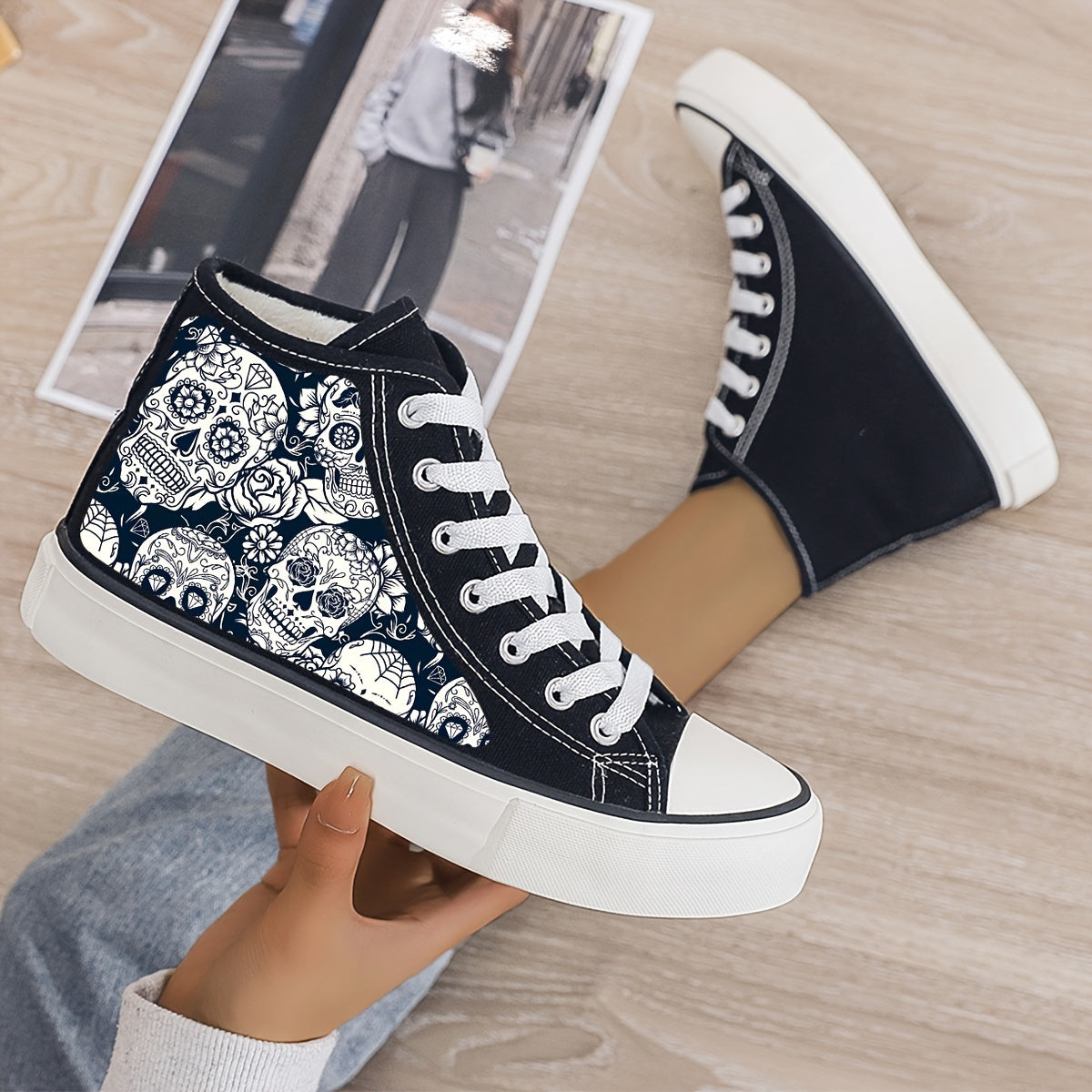 Skull Print Plush Lined Chunky Canvas Sneakers