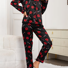 Lips Print Pajama Set Long Sleeve Top & Pants Women's Sleepwear