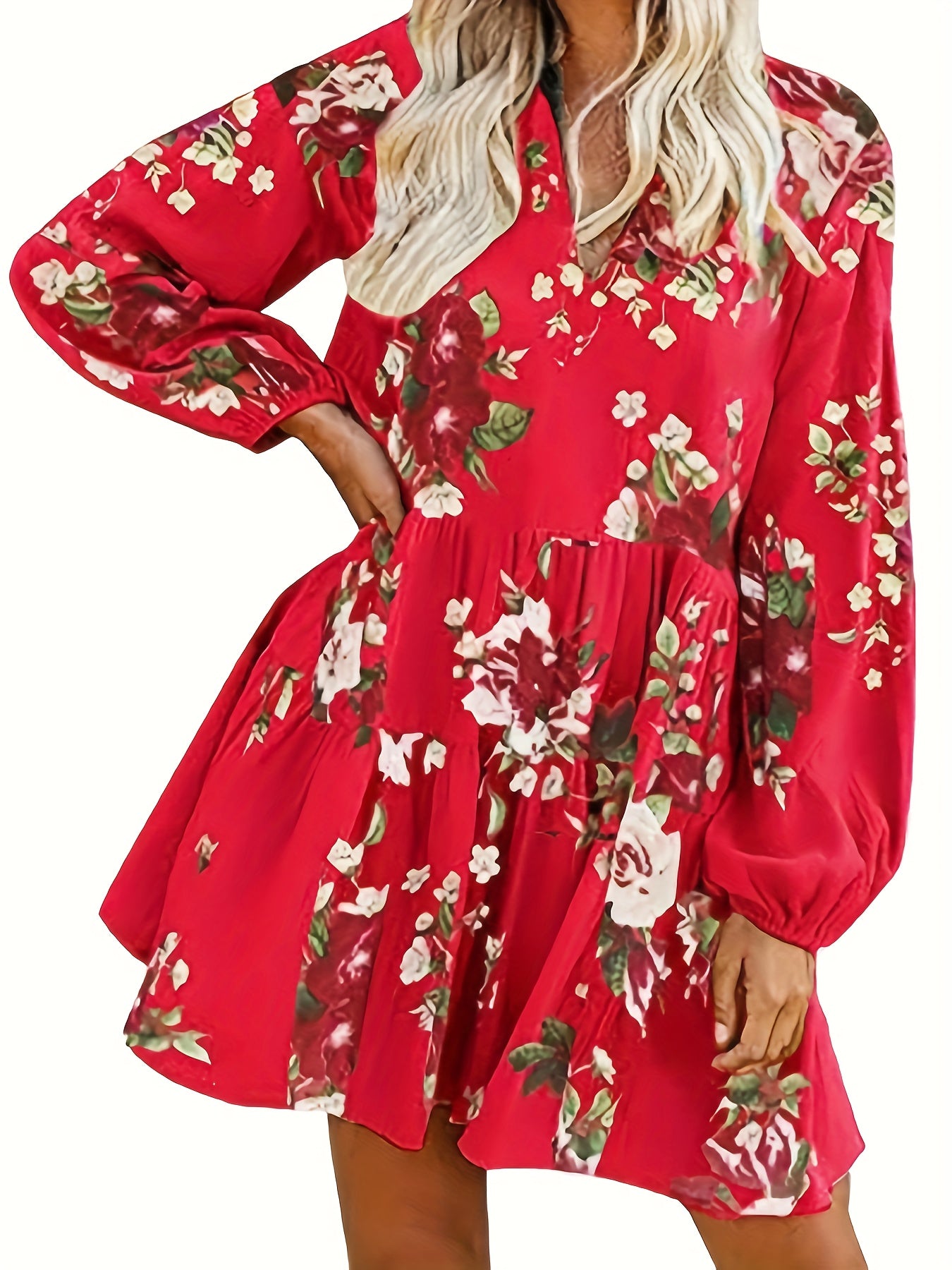  Floral Print Lantern Sleeve V Neck Smock Mini Dress