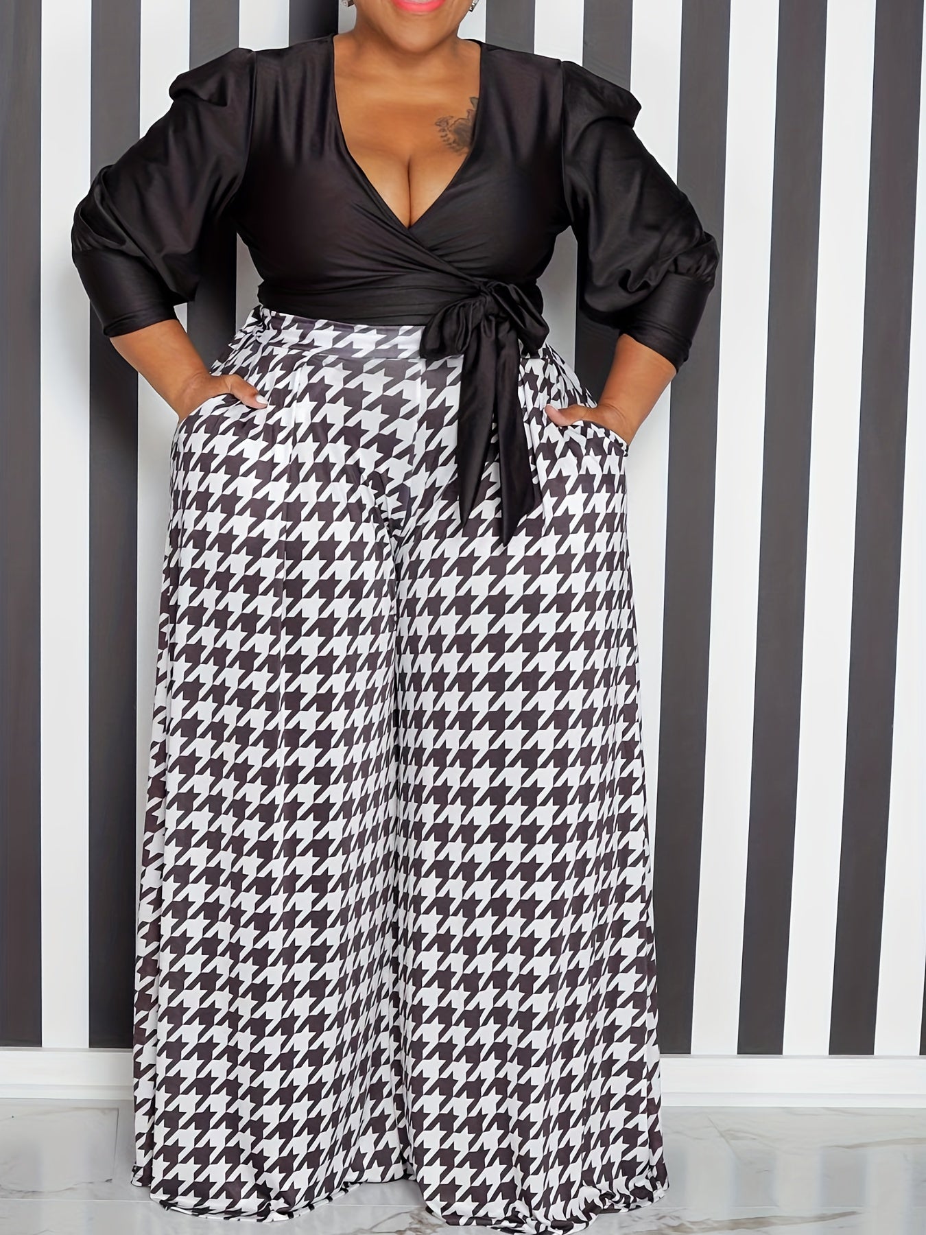  Houndstooth Wide Leg Pants Women's Plus Casual