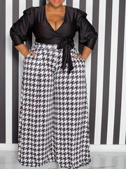  Houndstooth Wide Leg Pants Women's Plus Casual