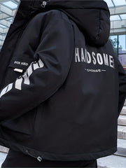 Men's Big Pocket Hooded Jacket Solid Zip Up Cotton Padded Jacket For Fall Winter