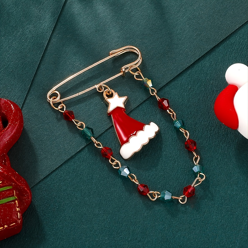 Christmas Hat Chain Pin Festive Holiday Red Gold Green Rhinestone Brooch