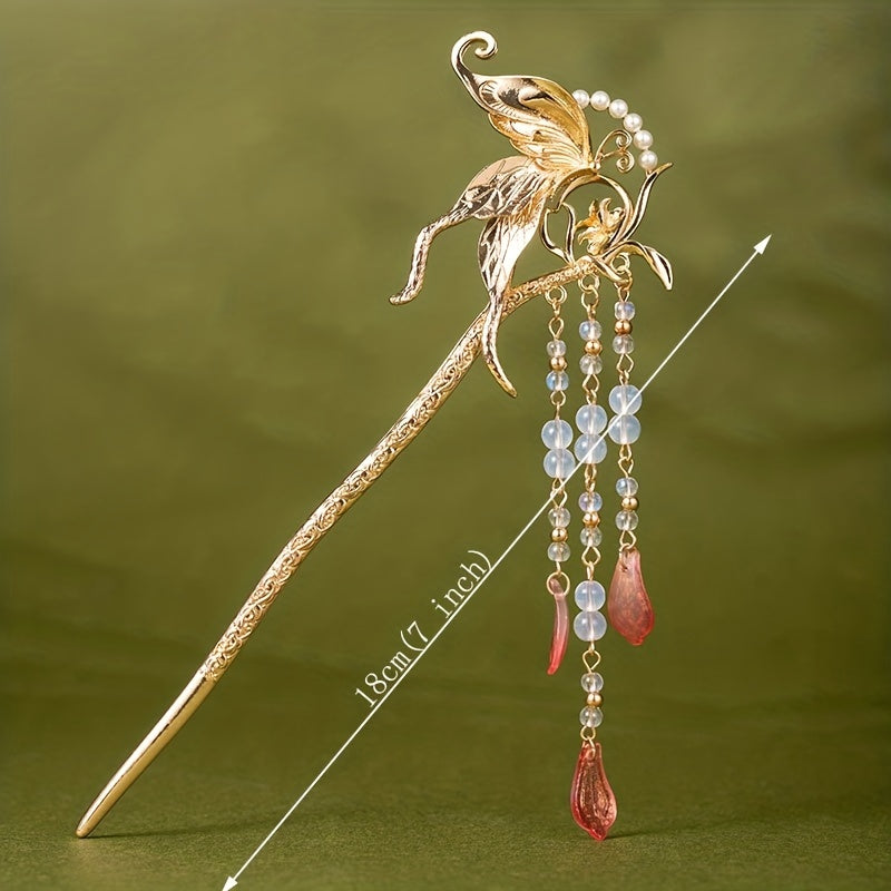 Alloy Butterfly Hairpin Pendant Hair Stick Faux Pearl Head Jewelry