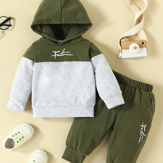 2pcs Baby Boys Casual Hooded Sweatshirt & Sweatpants Set, FUTURE Letter Print