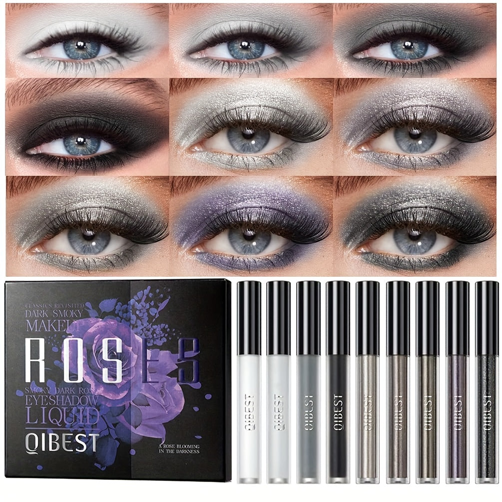9pcs Liquid Eyeshadow Set Gray Silver Glitter Shimmer Matte Smokey Gothic Style