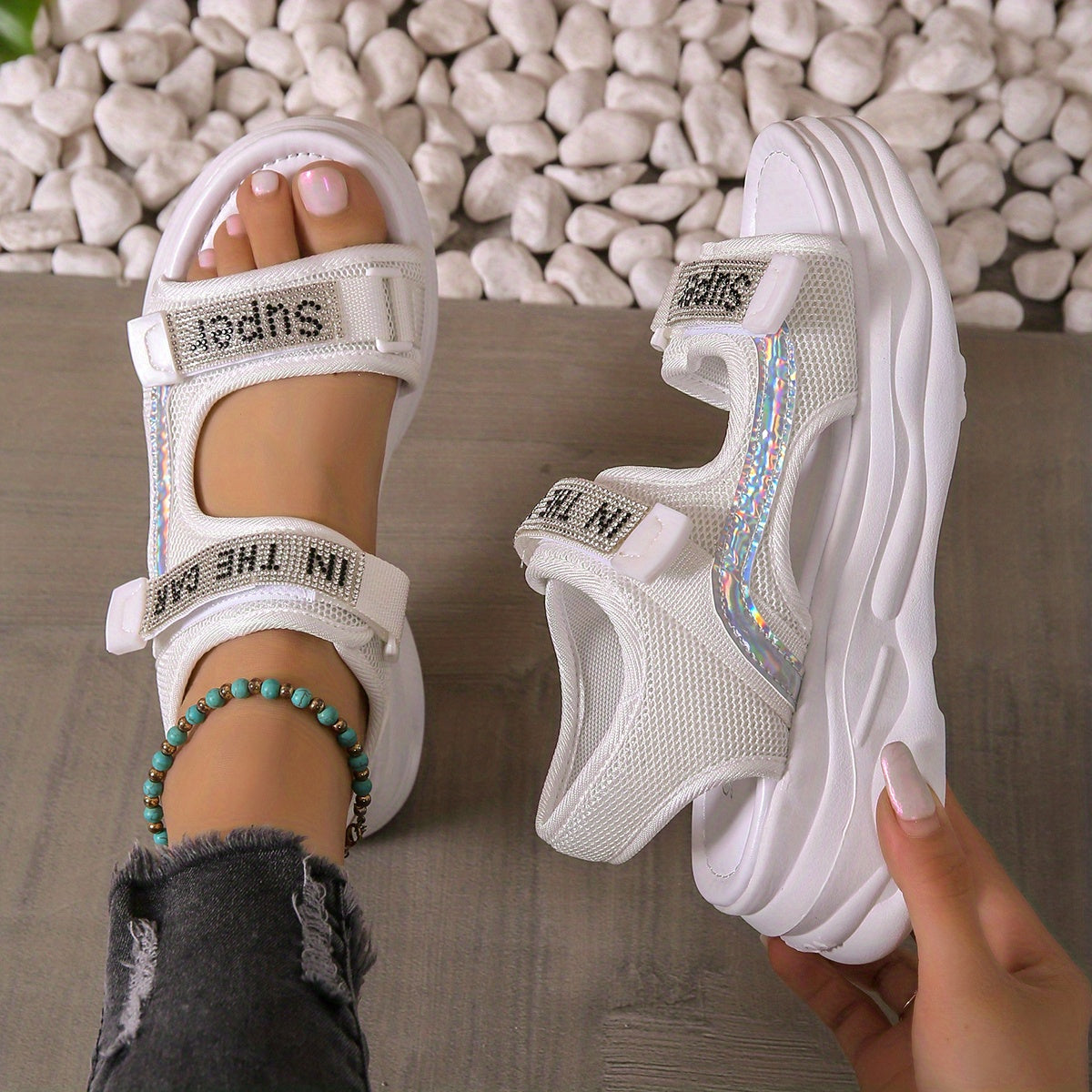 Women's Sports Sandals With Rhinestone Decor Thick Sole Shock Absorption