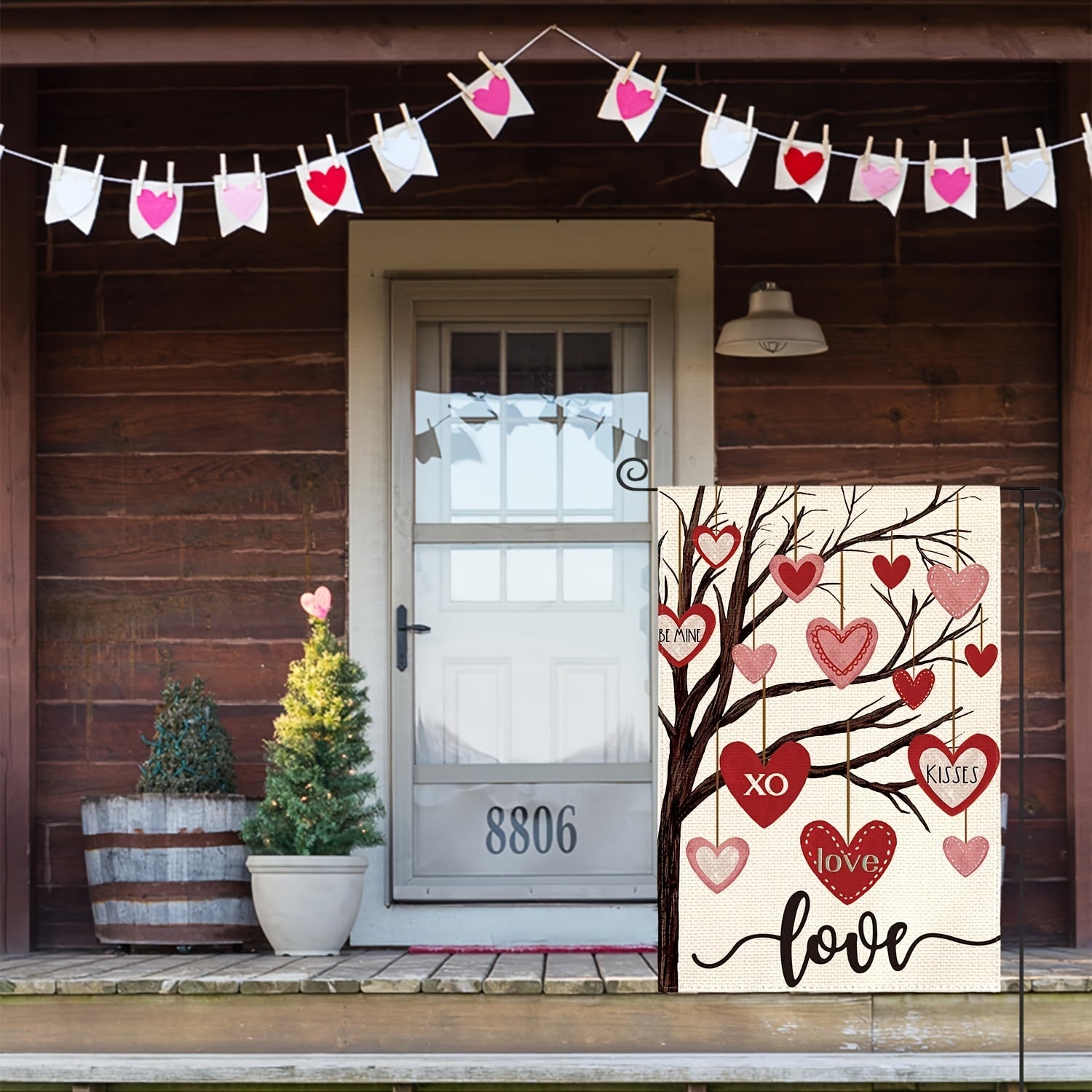 Valentines Garden Flag Double Sided Love Heart Tree Rustic Outdoor Flag