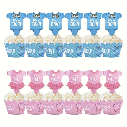 24pcs Baby Shower Cupcake Wrapper & Topper Set Gender Reveal Kids Birthdays