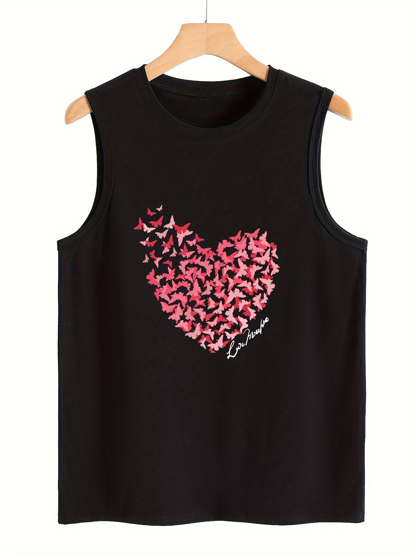 Butterfly & Heart Pattern Stretchy Sports Vest Round Neck Sleeveless Casual Top
