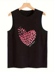 Butterfly & Heart Pattern Stretchy Sports Vest Round Neck Sleeveless Casual Top