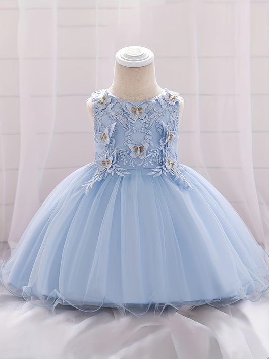 Girls Sleeveless Princess Dress Flower Embroidery Bow Tulle Tutu Dress