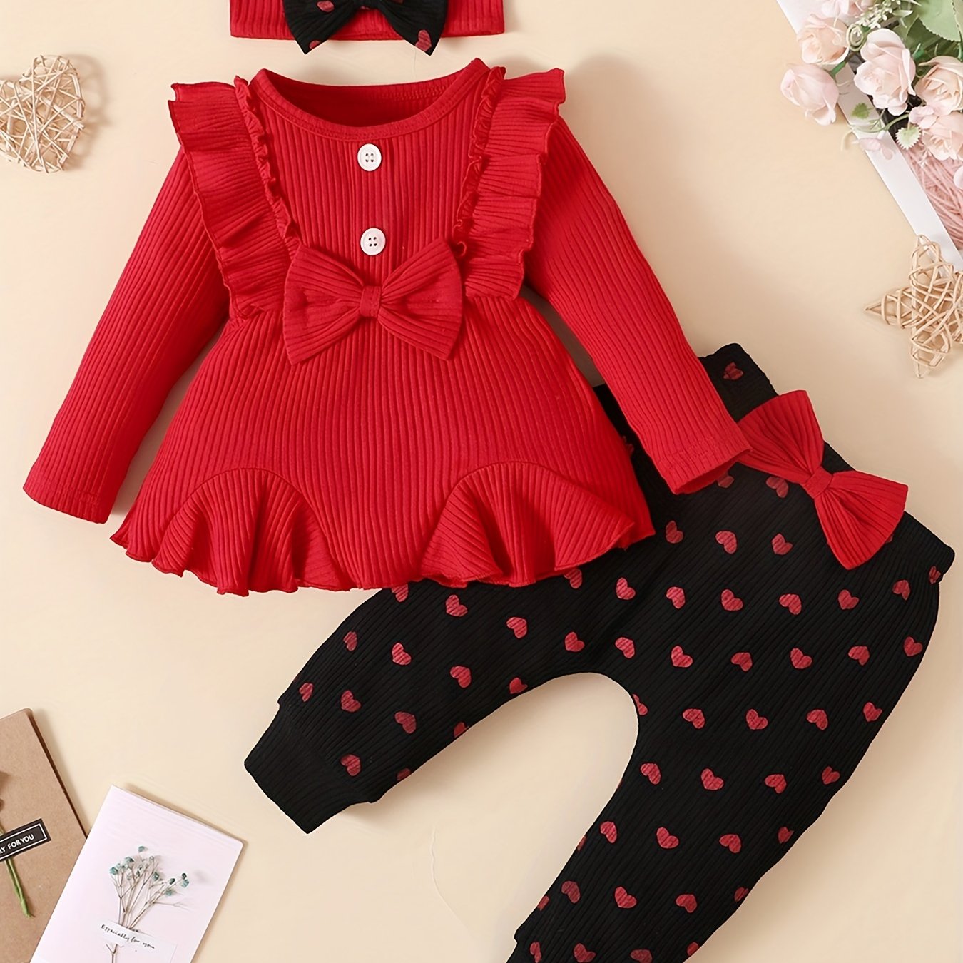 Cute Baby Girl 3-Piece Outfit Set Ruffle Top Leggings Bow Headband