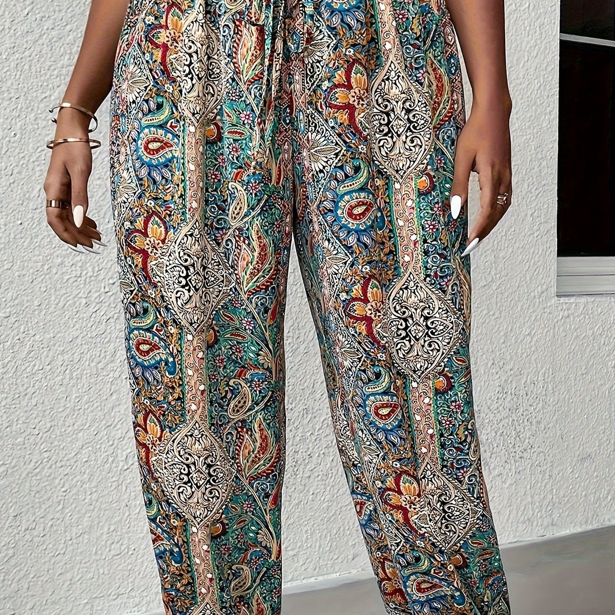 Boho Pants Women's Plus Paisley Print Tie High Waist