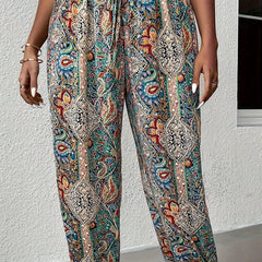  Boho Pants Women's Plus Paisley Print Tie High Waist