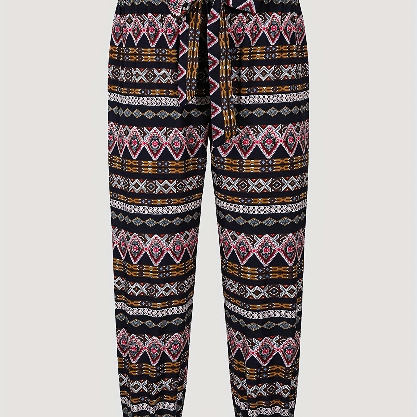  Geometric Print High Rise Tapered Leg Pants With Belt