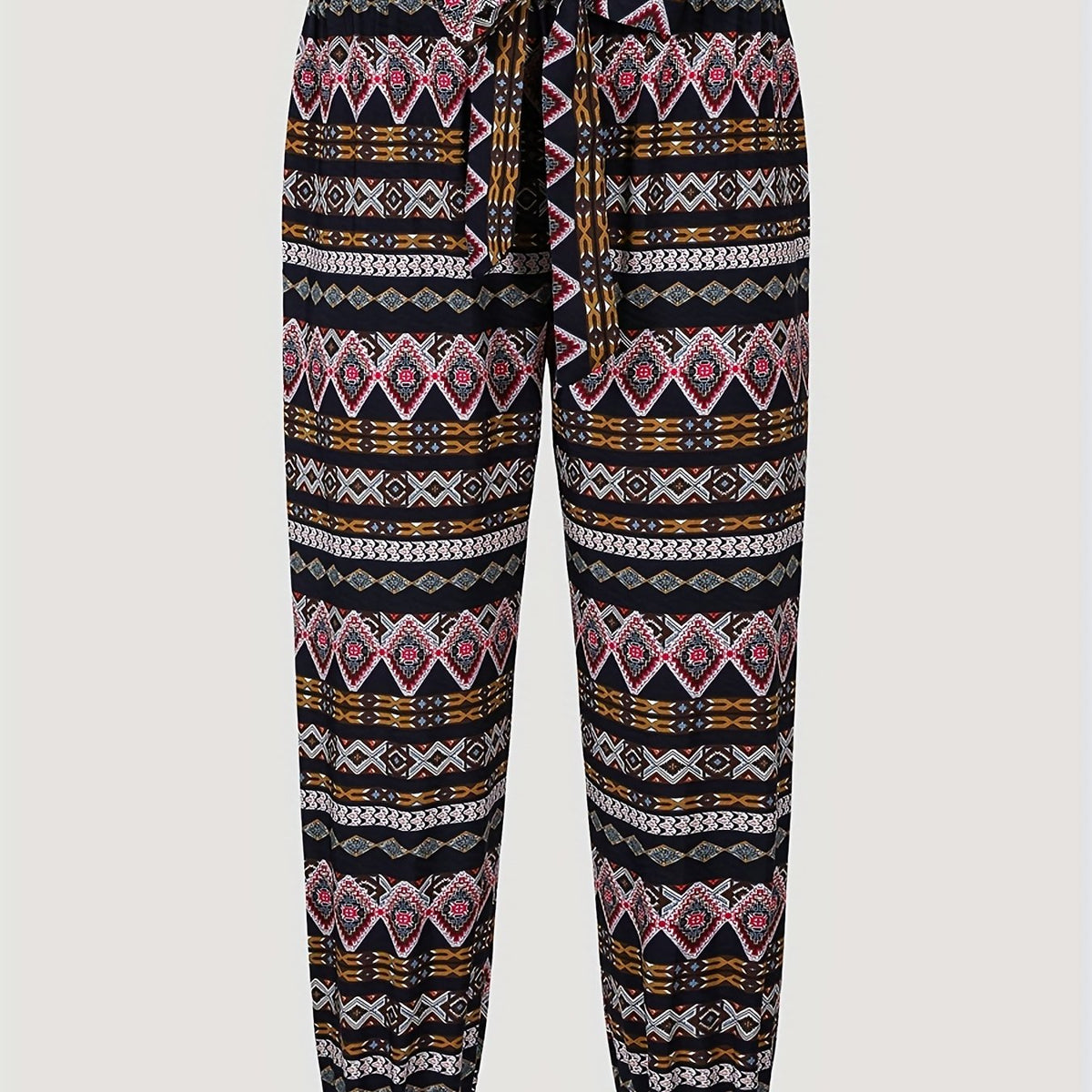  Geometric Print High Rise Tapered Leg Pants With Belt