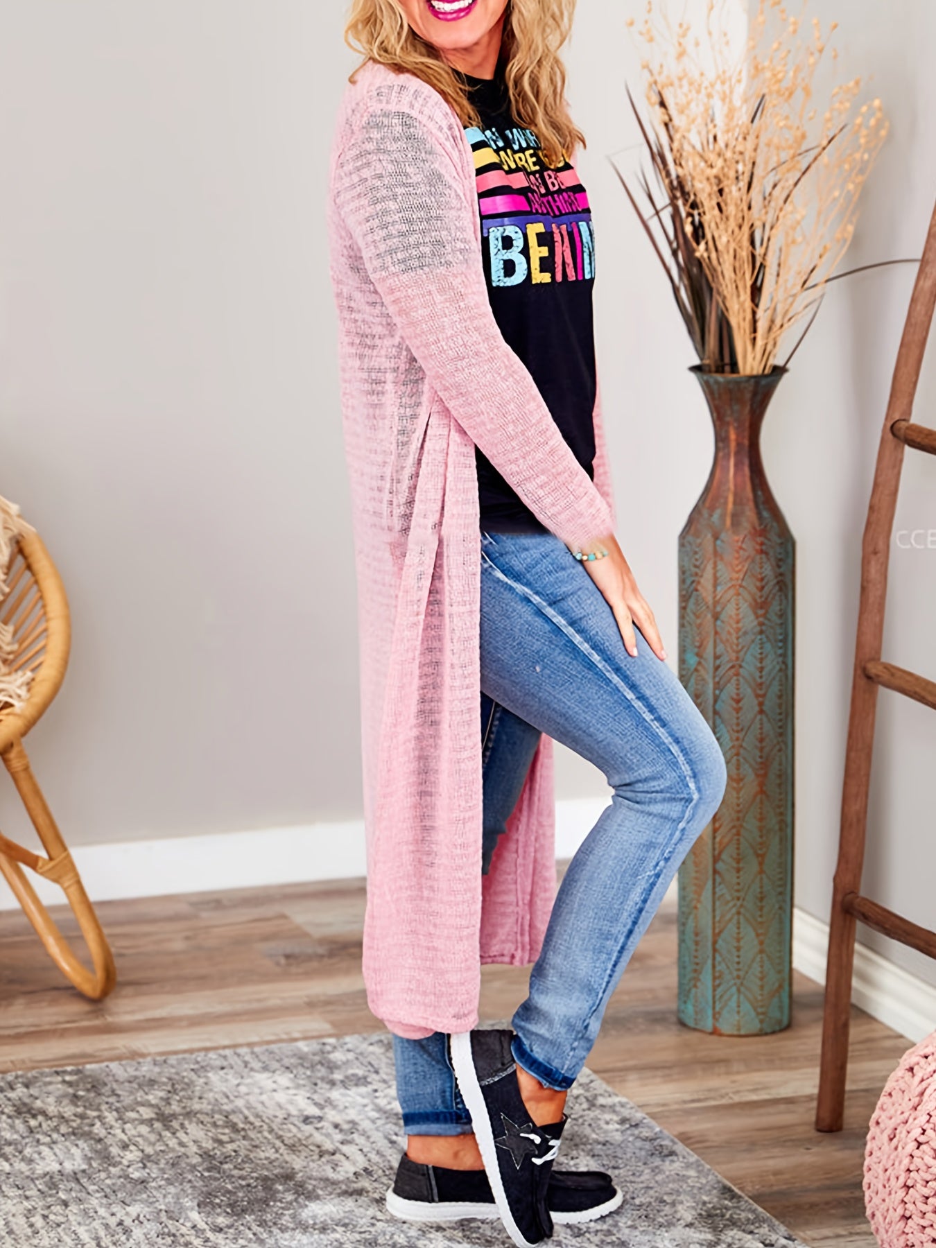  Solid Long Sleeve Open Front Long Cardigan